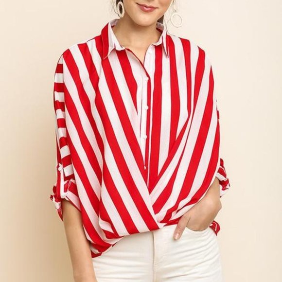 GiGiO Tops - Striped Long Roll Up Dolman Sleeve button Up